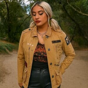 Vintage Y2K Corleone Jacket Womens Medium Brown Rock Studded Patches Moto